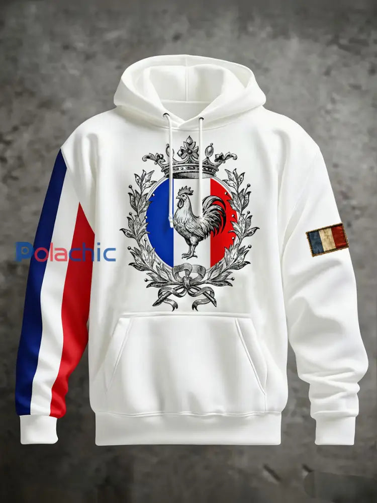 Chandail à capuchon surdimensionné avec poches Drapeau Français Le Coq Gaulois Homme Blanc / S