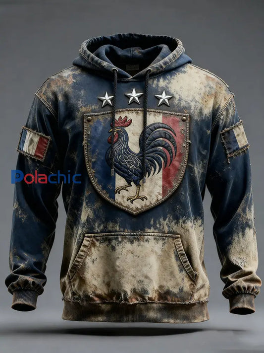 Chandail à capuchon surdimensionné avec poches Drapeau Français Le Coq Gaulois Homme Bleu Marine / S