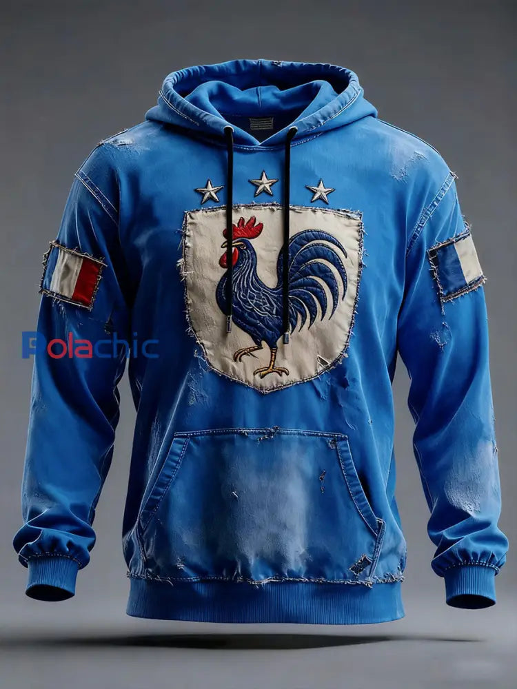 Chandail à capuchon surdimensionné avec poches Drapeau Français Le Coq Gaulois Homme Bleu / S