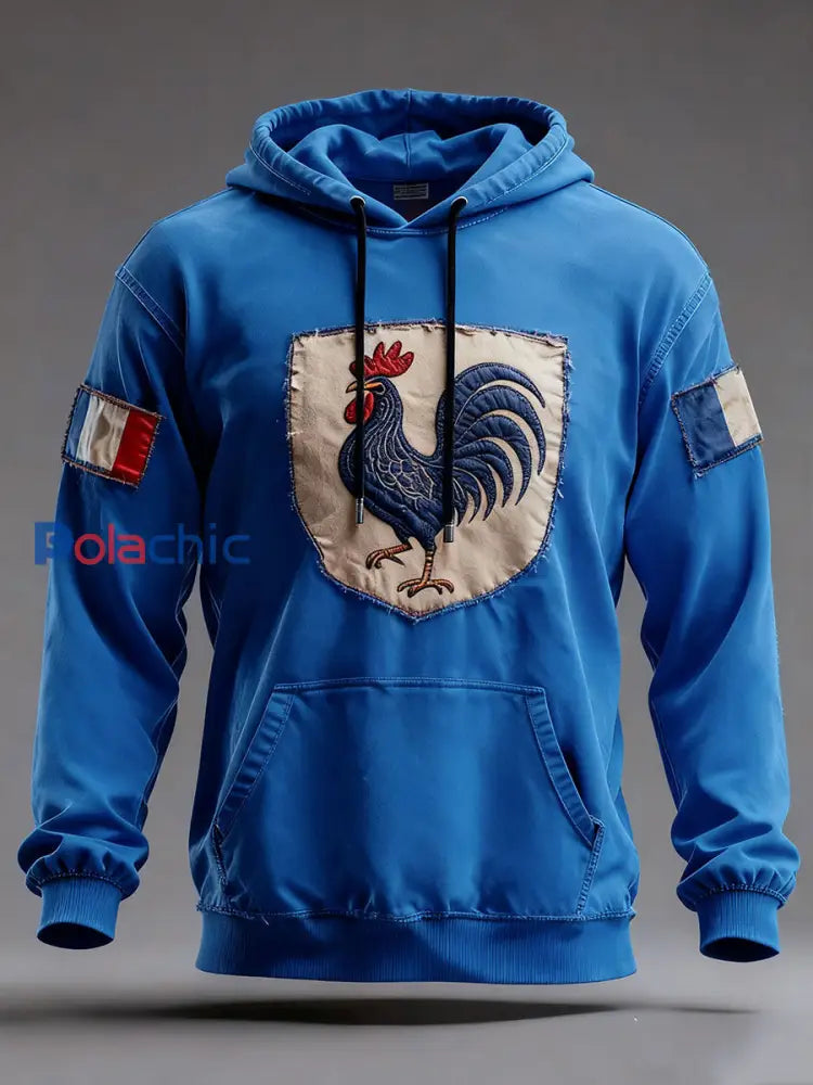 Chandail à capuchon surdimensionné avec poches Drapeau Français Le Coq Gaulois Homme Bleu / S