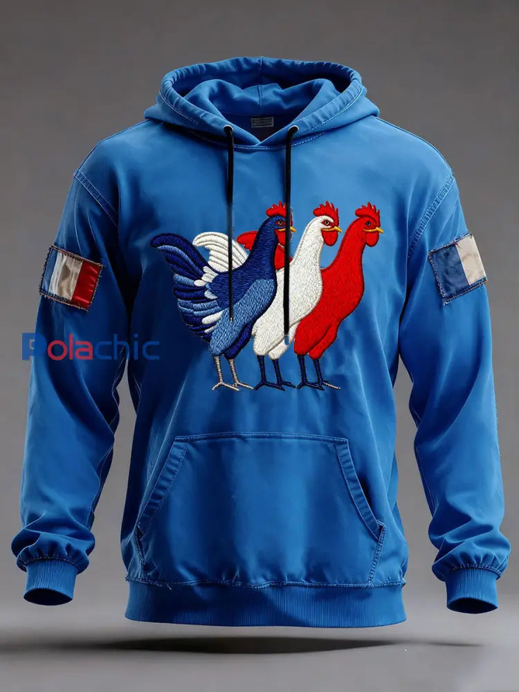 Chandail à capuchon surdimensionné avec poches Drapeau Français Le Coq Gaulois Homme Bleu / S