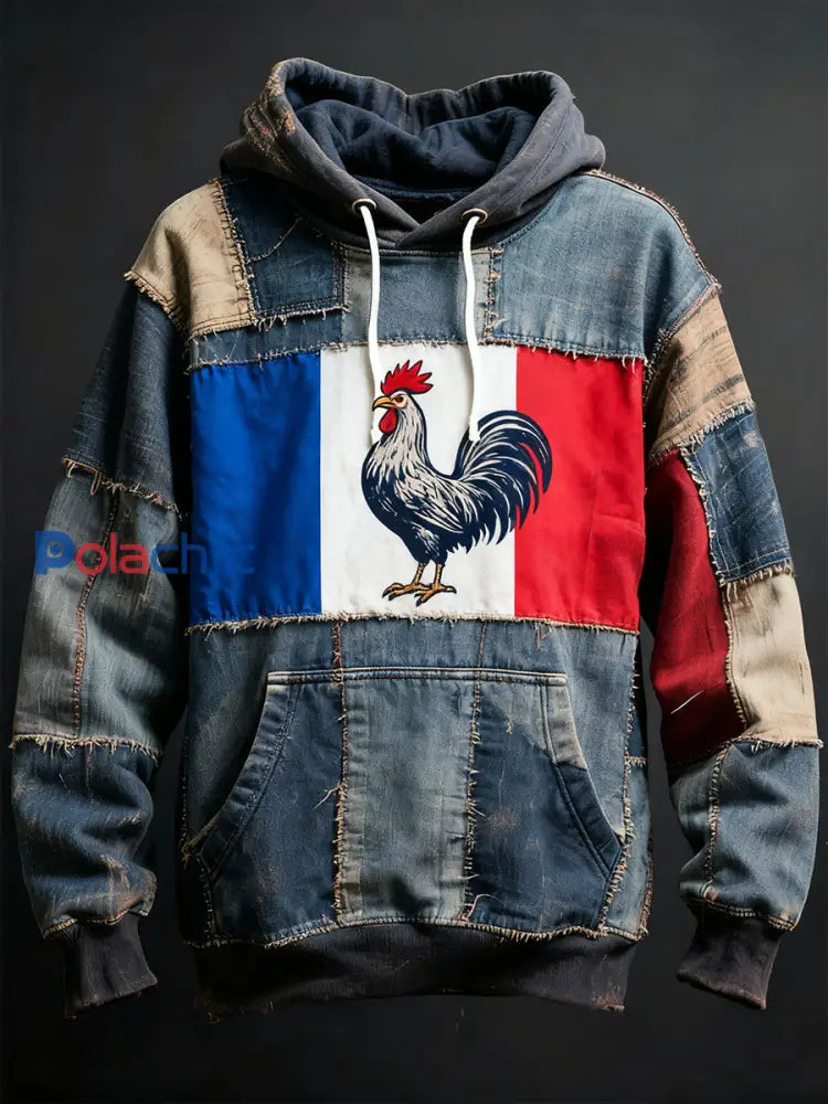 Chandail à capuchon surdimensionné avec poches Drapeau Français Le Coq Gaulois Homme comme image / S