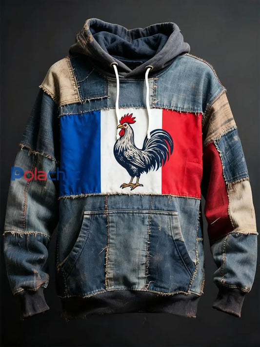 Chandail à capuchon surdimensionné avec poches Drapeau Français Le Coq Gaulois Homme comme image / S