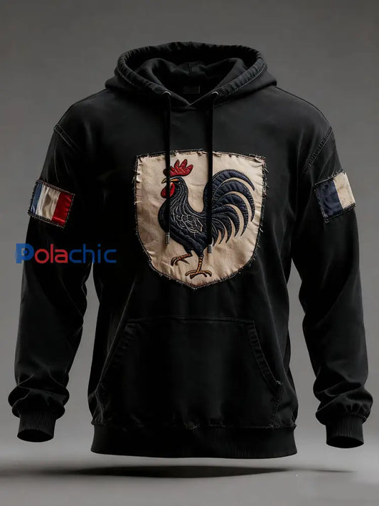 Chandail à capuchon surdimensionné avec poches Drapeau Français Le Coq Gaulois Homme Noir / S