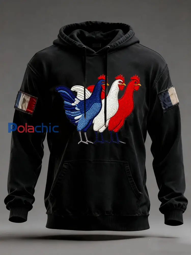 Chandail à capuchon surdimensionné avec poches Drapeau Français Le Coq Gaulois Homme Noir / S