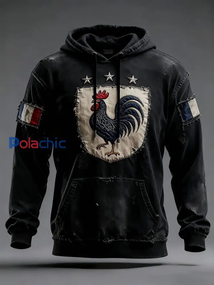 Chandail à capuchon surdimensionné avec poches Drapeau Français Le Coq Gaulois Homme Noir / S