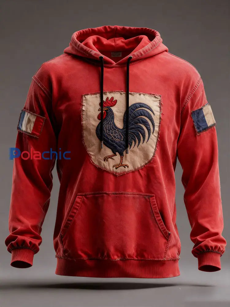 Chandail à capuchon surdimensionné avec poches Drapeau Français Le Coq Gaulois Homme Rouge / S