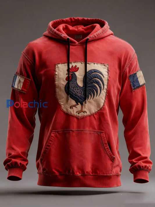 Chandail à capuchon surdimensionné avec poches Drapeau Français Le Coq Gaulois Homme Rouge / S