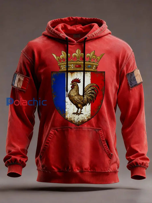Chandail à capuchon surdimensionné avec poches Drapeau Français Le Coq Gaulois Homme Rouge / S