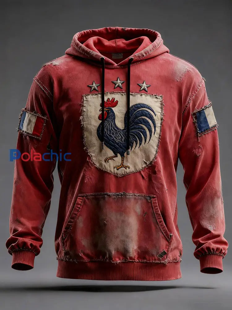 Chandail à capuchon surdimensionné avec poches Drapeau Français Le Coq Gaulois Homme Rouge / S