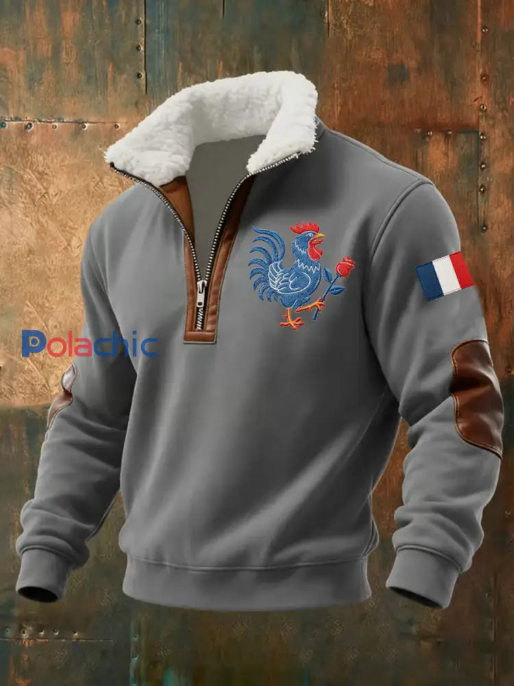 Chandail à capuchon zippé Drapeau Français Le Coq Gaulois pour homme Gris / S