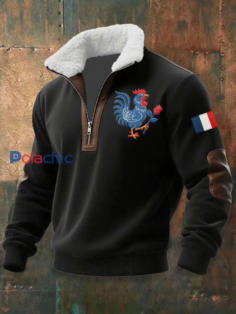 Chandail à capuchon zippé Drapeau Français Le Coq Gaulois pour homme Noir / S