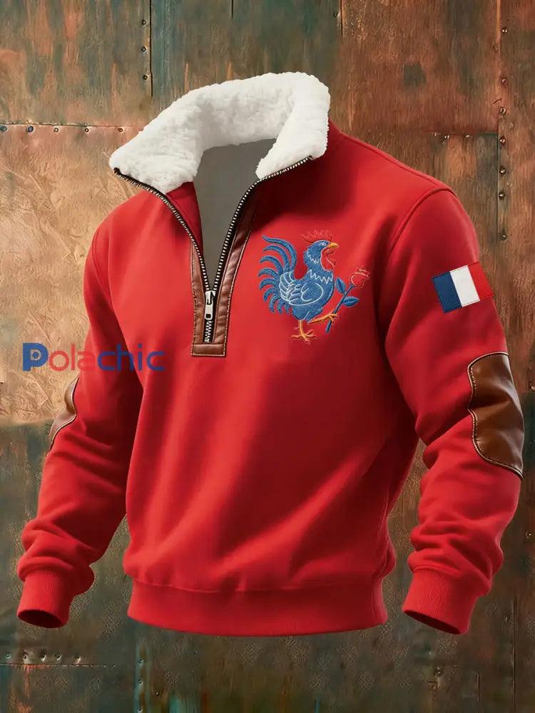 Chandail à capuchon zippé Drapeau Français Le Coq Gaulois pour homme Rouge / S