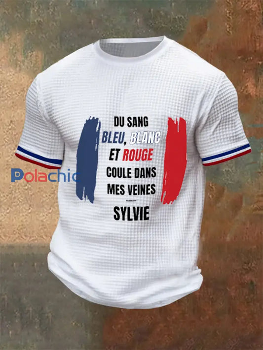 Chandail à manches courtes du Sang Bleu Blanc Rouge Coule Dans mes Veines Waffle Homme Blanc / S