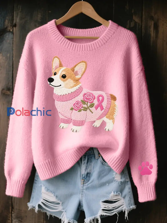 Chandail en tricot confortable brodé Lovely Corgi Dog pour femmes Rose / S
