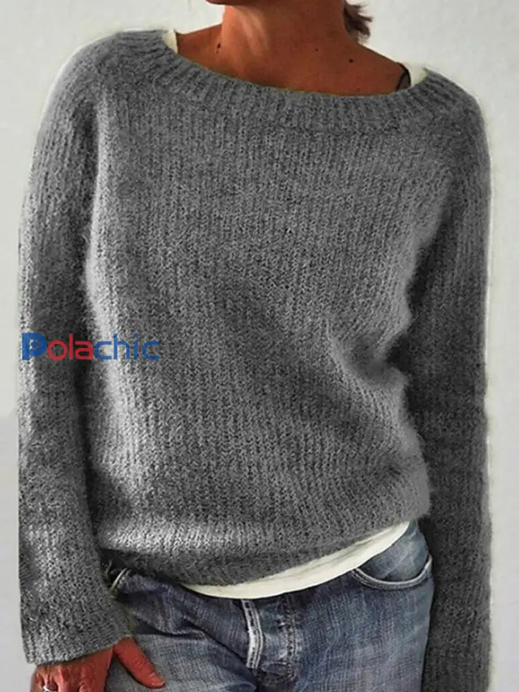 Chandail islandais ras du cou des femmes Loose Pullover Gris / S
