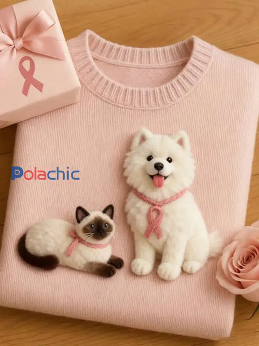 Chandail régulier animal mignon de conscience de cancer du sein des femmes Rose / S