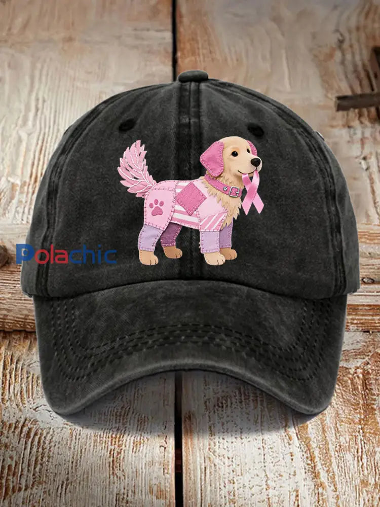Chapeau de soutien unisexe chien rose ruban de sensibilisation au cancer du sein Noir / ONE