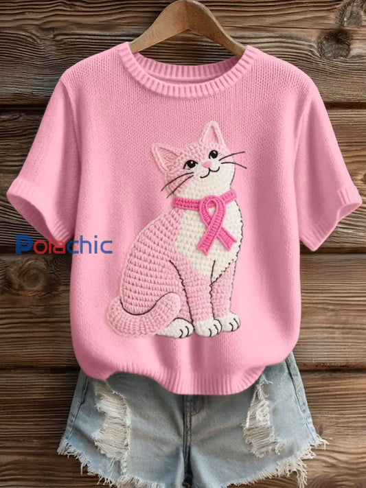 Charmant Chat Crochet Motif Cozy Tricot Top des femmes Rose / S
