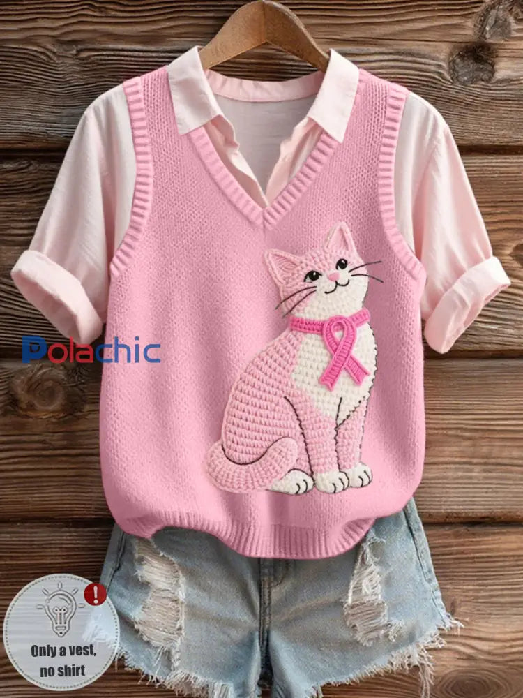 Charmant Chat Crochet Motif Gilet En Tricot Confortable Pour Femmes Rose / S