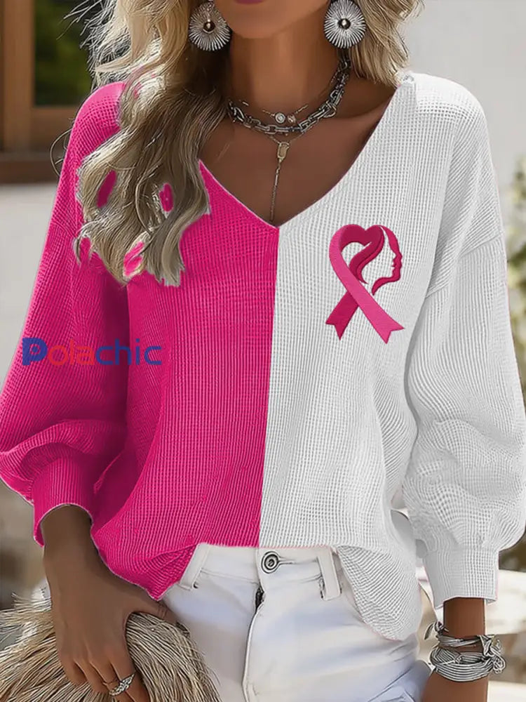 Chemise à manches longues décontractée à imprimé sensibilisation au cancer du sein pour femmes Blanc / S