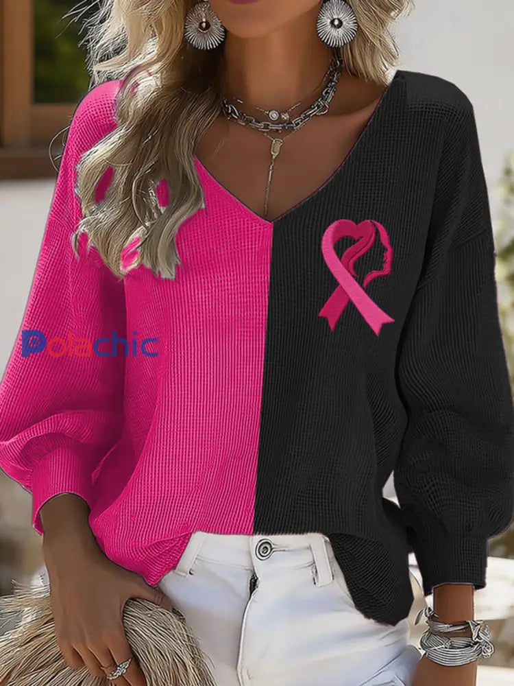Chemise à manches longues décontractée à imprimé sensibilisation au cancer du sein pour femmes Noir / S