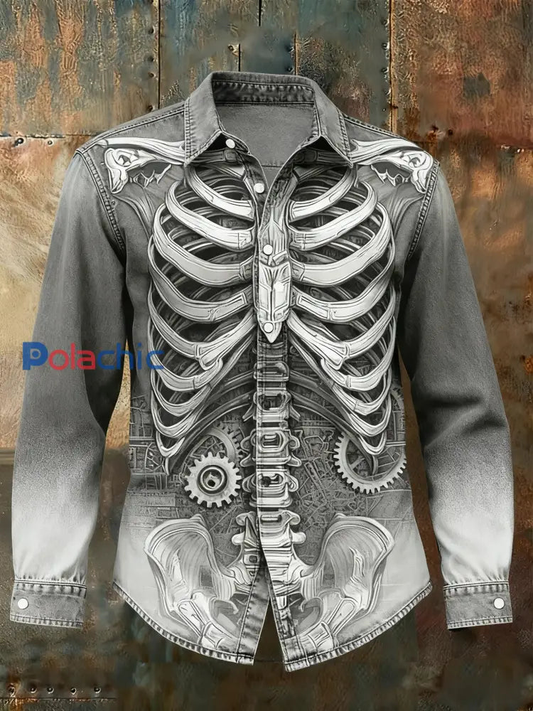 Chemise à manches longues décontractée rétro Punk Christmas Skull Gradient Abstract Print Gris / S