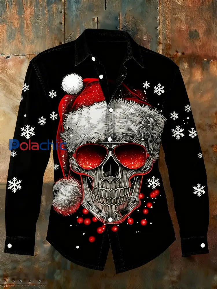Chemise à manches longues décontractée rétro punk Christmas Skull Noir / S