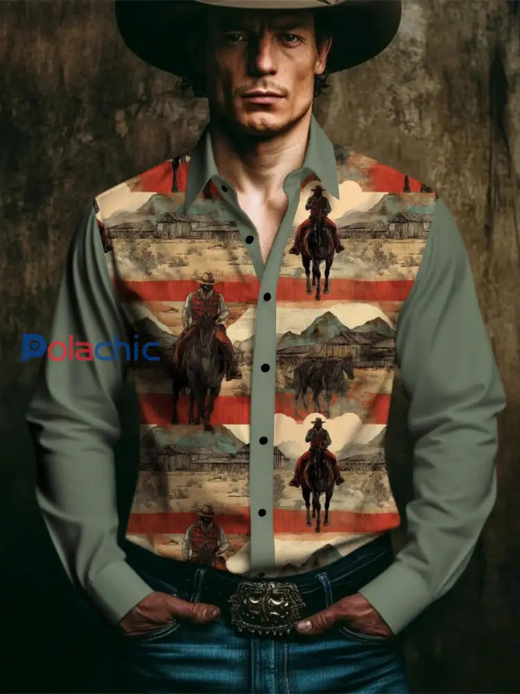 Chemise à manches longues Western Style Print Homme Vert / S