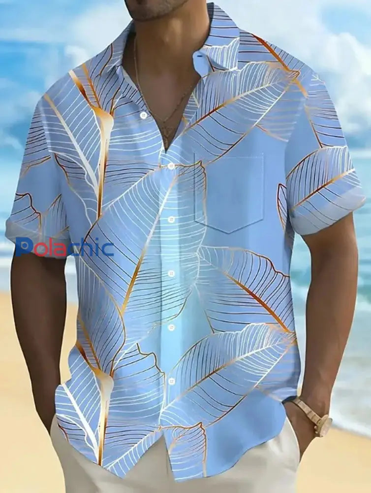 Chemise de vacances décontractée à imprimé de plantes tropicales Palm Leaf pour hommes Bleu / S