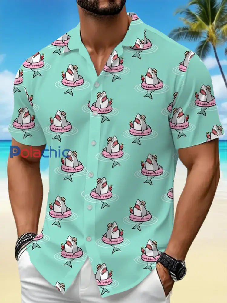 Chemise de vacances décontractée Sharks Print pour hommes Vert menthe / S