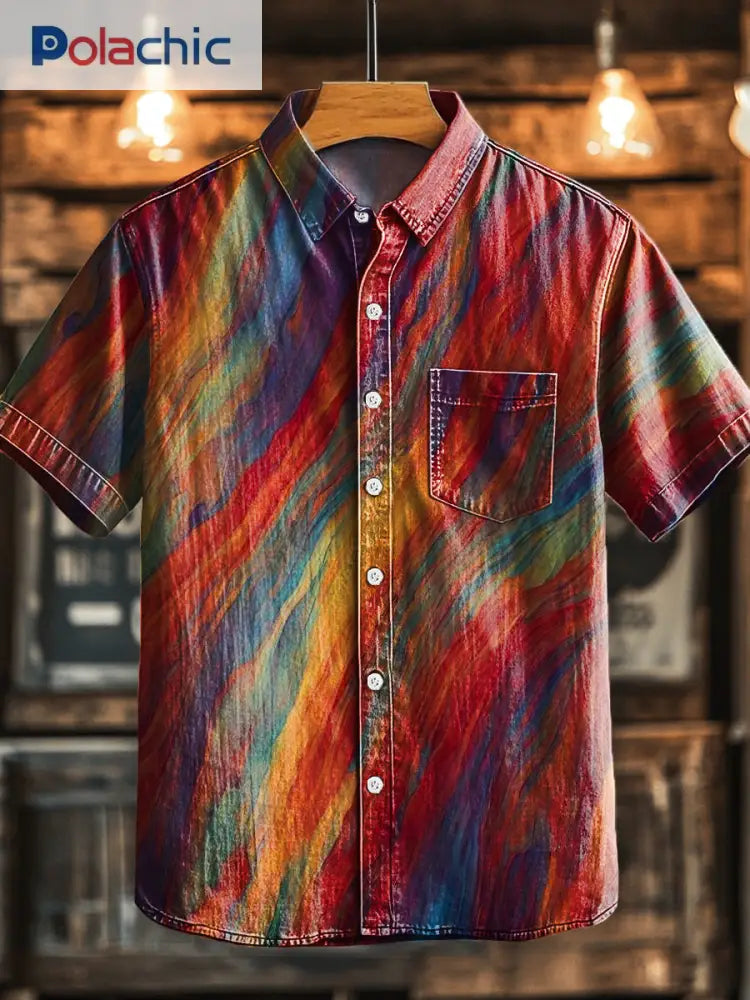Chemise décontractée vintage à imprimé art texturé arc-en-ciel coloré / S
