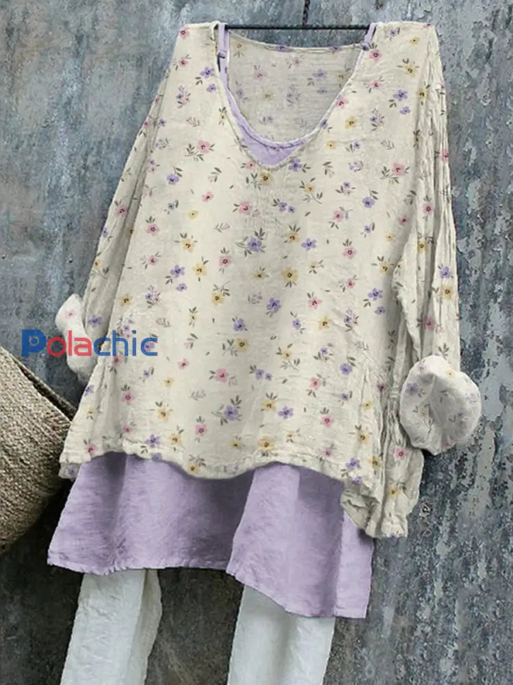 Chemise en lin vintage à imprimé floral coloré pour femmes comme image / S