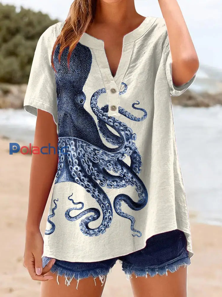 Chemise en lin vintage à imprimé octopus pour femmes Abricot / S