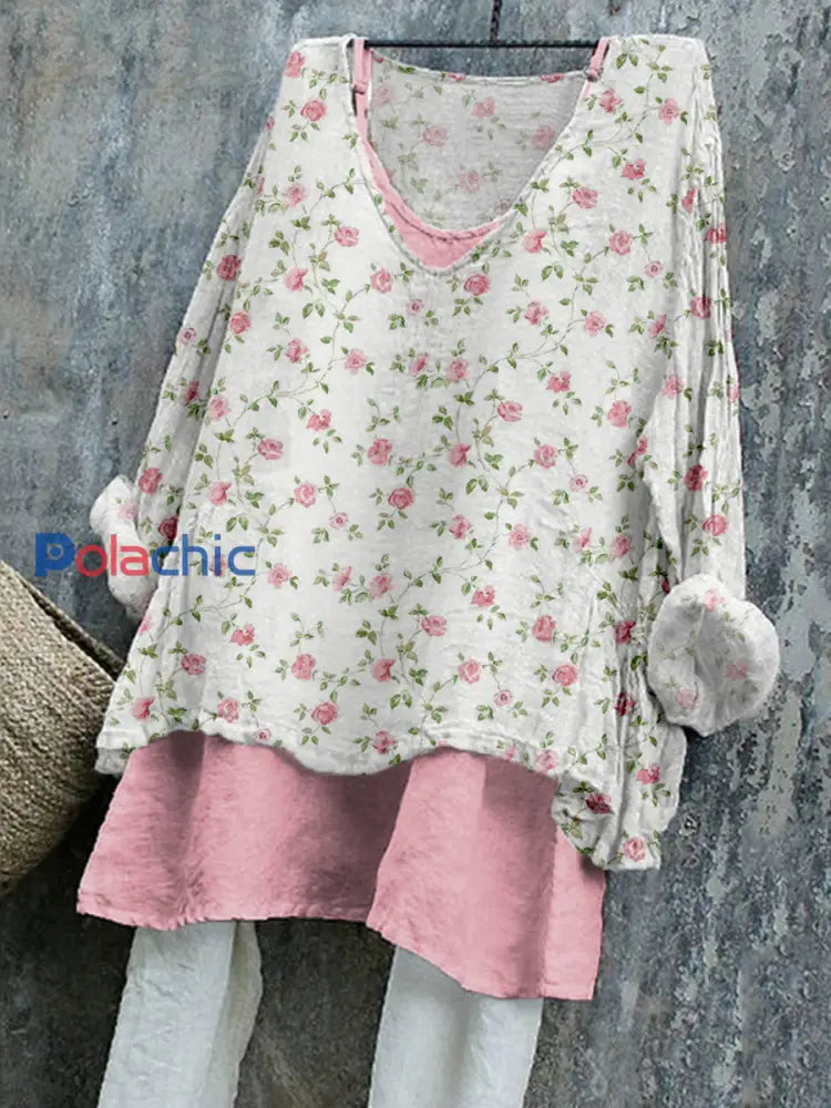 Chemise Femme Rose Imprimé Floral Vintage En Lin comme image / S
