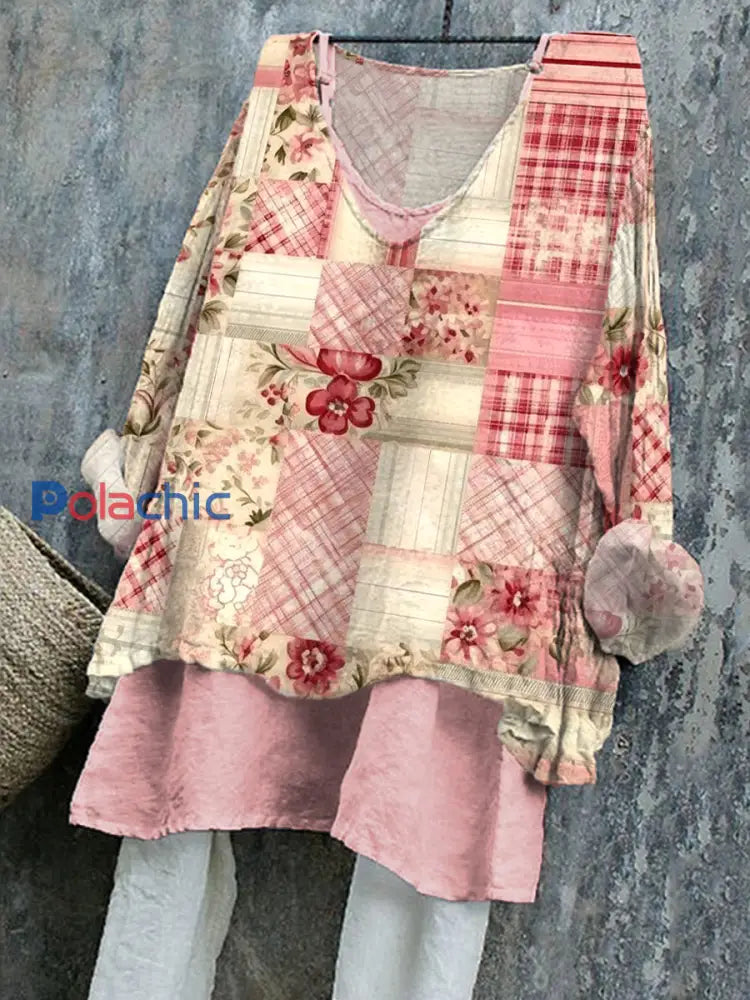 Chemise Femme Rose Motif Floral Patchwork Art Lin comme image / S