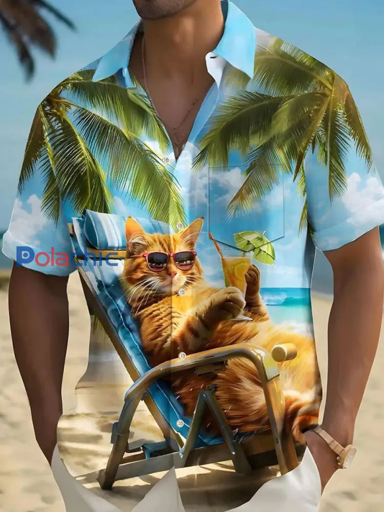 Chemise hawaïenne à manches courtes pour hommes Funny Cat Coconut Tree Summer comme image / S