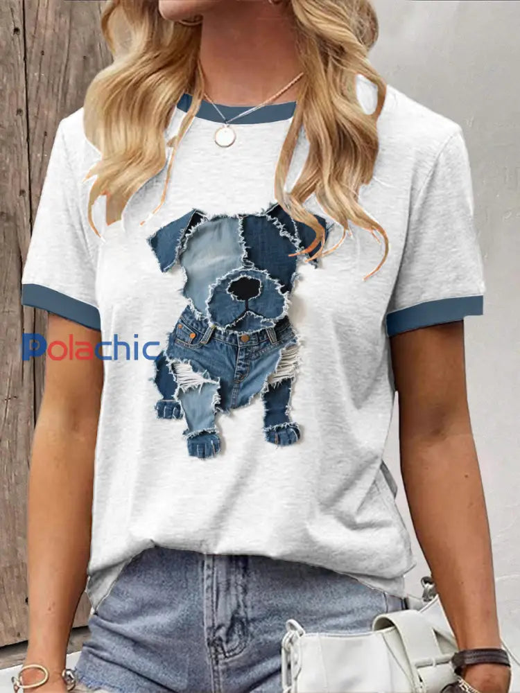 Chien Mignon Denim Patchwork Art T-shirt des femmes Blanc / S