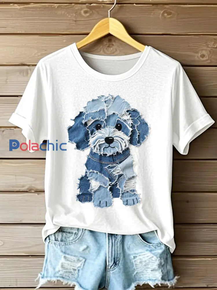Chien mignon Denim Patchwork Art T-Shirt des femmes Blanc / S