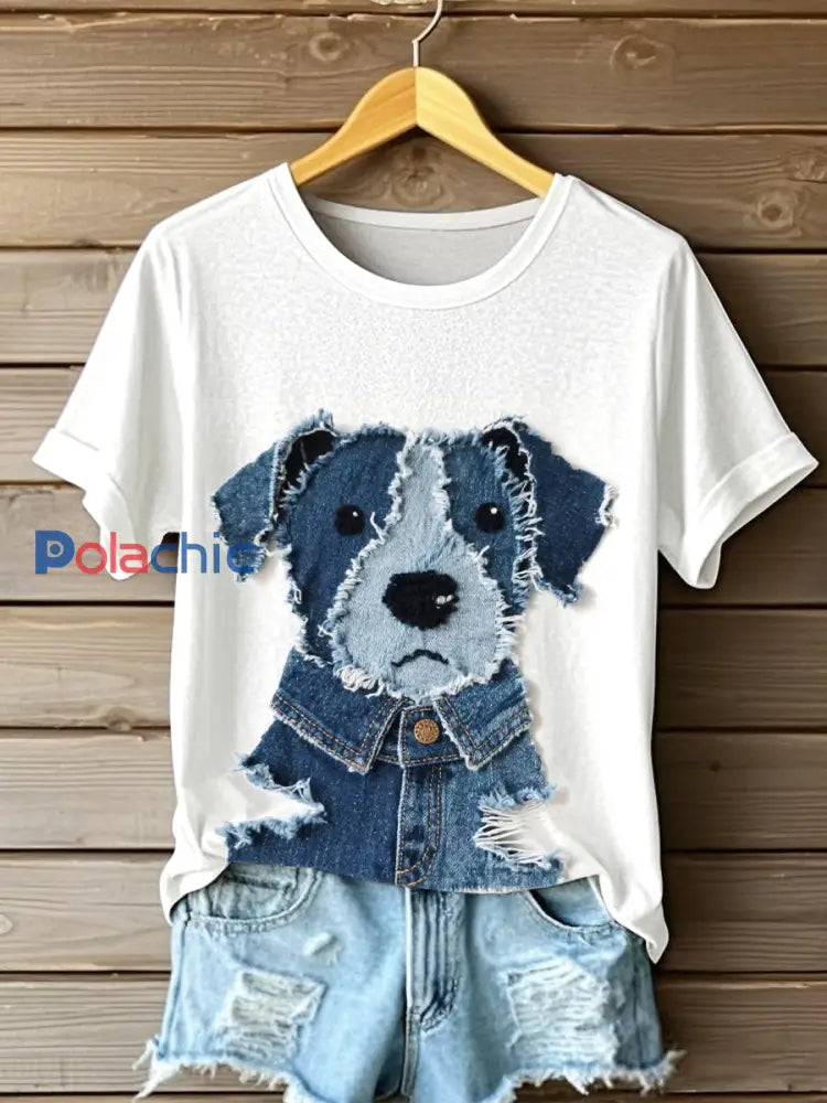 Chien Mignon Denim Patchwork Art T-shirt des femmes Blanc / S