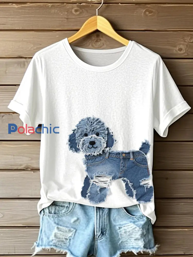 Chien Mignon Denim Patchwork Art T-shirt des femmes Blanc / S