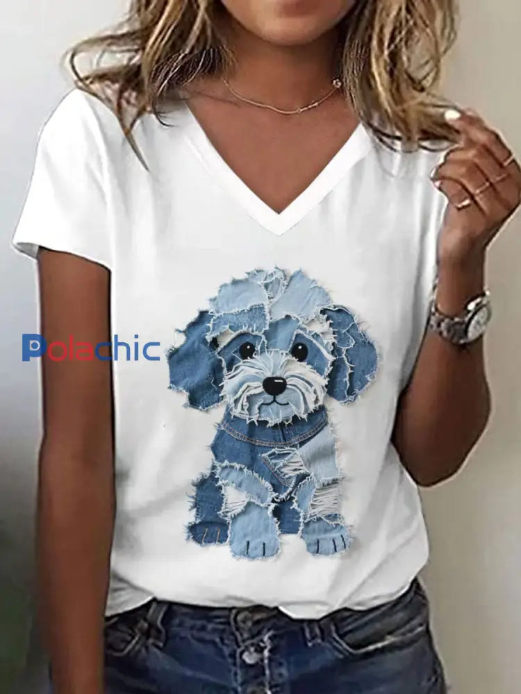 Chien Mignon Patchwork Art V-Neck T-Shirt Femme Blanc / S