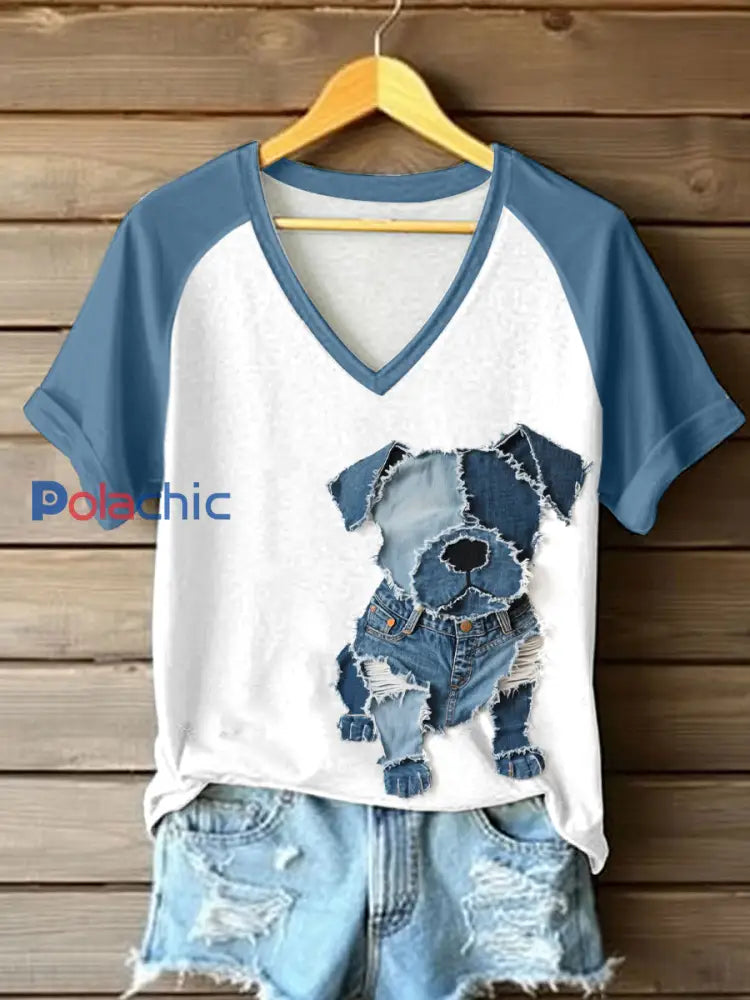 Chien Mignon Patchwork Art V-Neck T-Shirt Femme comme image / S