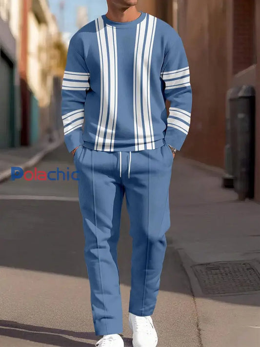 Costume décontracté à rayures vintage minimaliste pour hommes Bleu / S