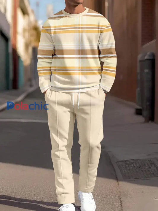 Costume décontracté à rayures vintage minimaliste pour hommes Kaki / S