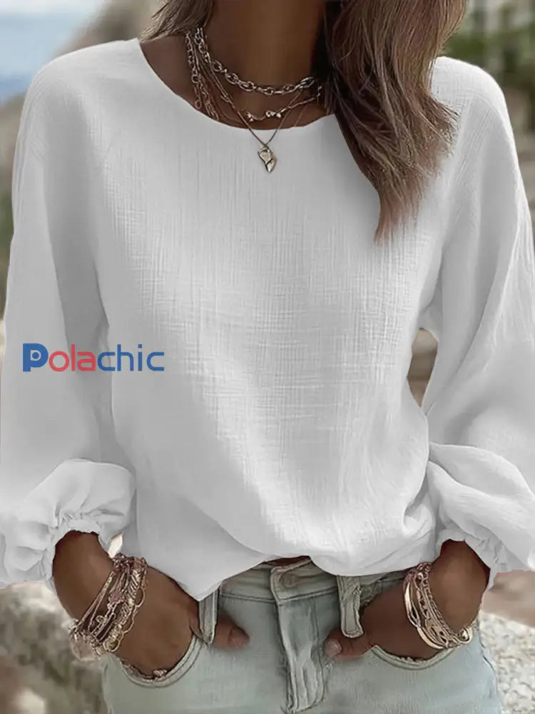 Couleur unie Casual Crew Neck Top des femmes blanc / S