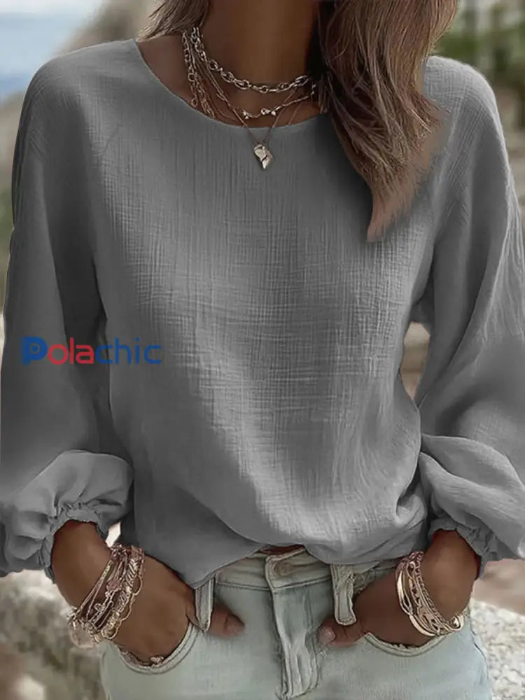 Couleur unie Casual Crew Neck Top des femmes gris / S