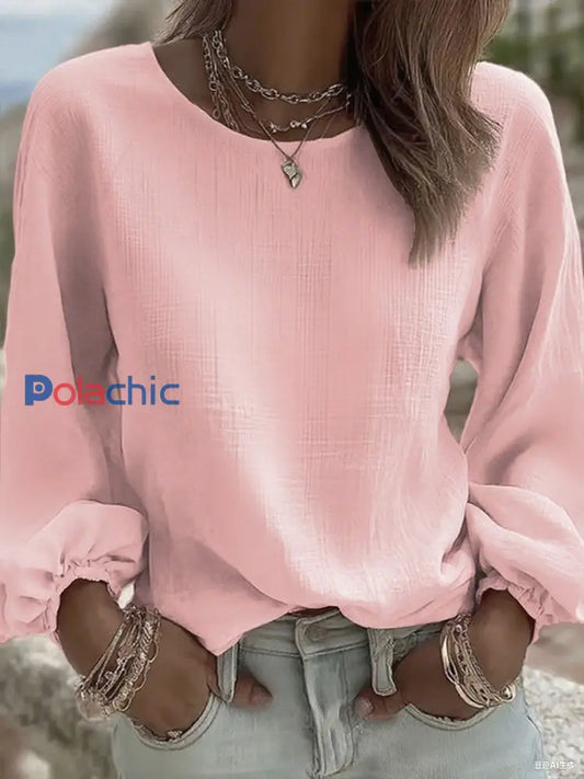 Couleur unie Casual Crew Neck Top des femmes rose / S