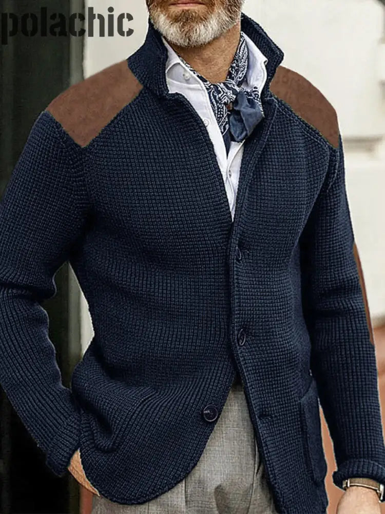 Cowboy Texture Western Village Chasse Bouton V-Cou En Plein Air Épais Tricot Cardigan Bleu Marine
