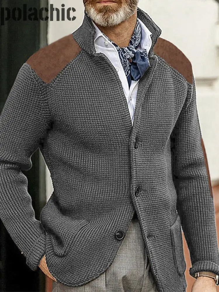 Cowboy Texture Western Village Chasse Bouton V-Cou En Plein Air Épais Tricot Cardigan Gris / S